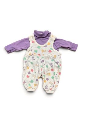 Vintage 90s Overall Romper & Turtleneck Set Baby Girl Size 3-6 Months Purple